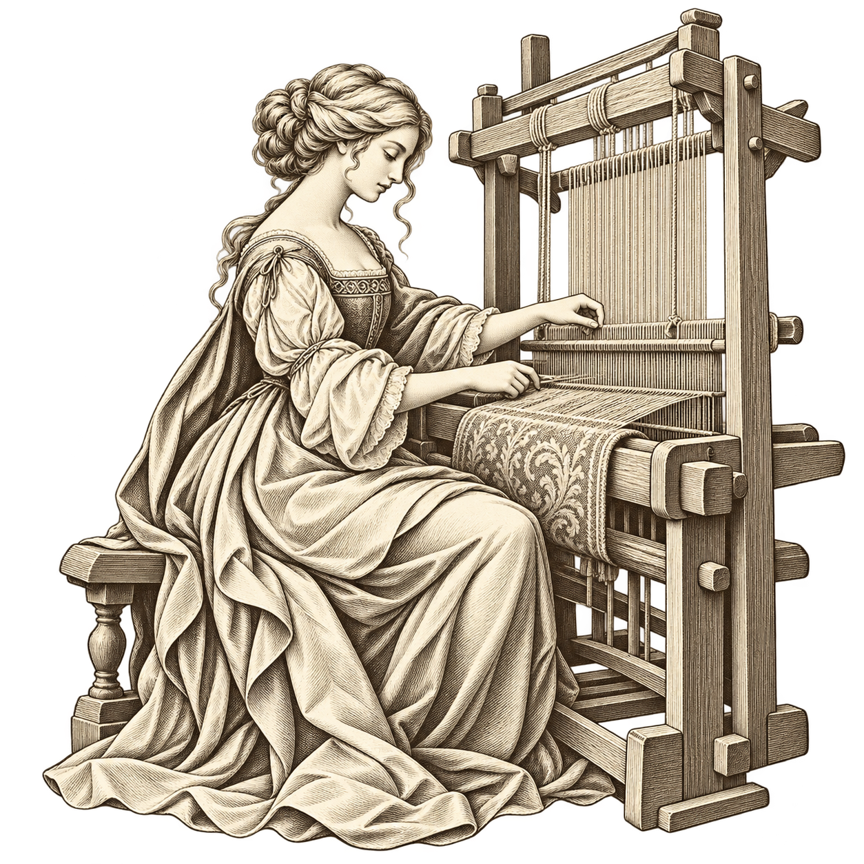A Renaissance weaver working at an old wooden handloom
